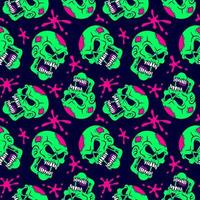 Neon zombie skull and blood splat pattern vector