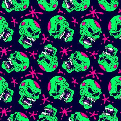 Neon zombie skull and blood splat pattern