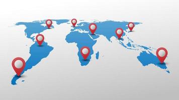 Blue world map with red pin pointer vector