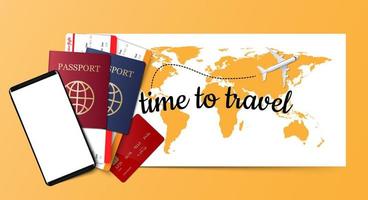 Passport, tickets, credit card and smartphone on yellow map vector