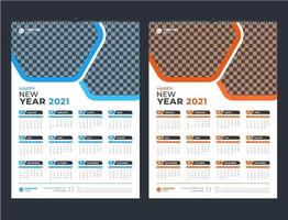 Plantilla de calendario de pared de una página azul y naranja 2021 vector