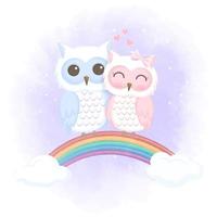 Owl couple on rainbow in watercolor style vector