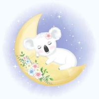 bebé koala durmiendo en luna floral vector
