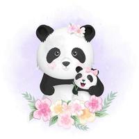 bebé panda y mamá en flores vector