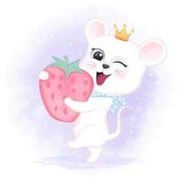 Baby mouse holding strawberry in watercolor style vector