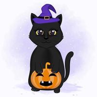 gato con sombrero de bruja y calabaza vector