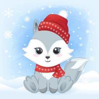 Baby fox with scarf and hat in snow vector