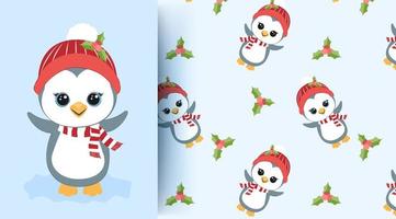 Penguin and holly pattern vector