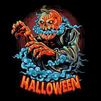 Halloween zombie with a pumpkin head filled with smoke vector
