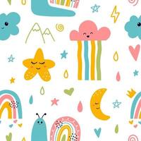 Kawaii hand drawn seamless pattern with moon sun rainbow vector