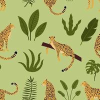 Leopard seamless pattern with tropical leaves vector