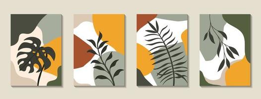 Set of posters with tropical leaves and abstract shapes vector