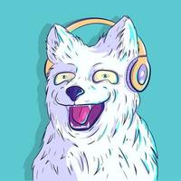 Furry White Dog Smiling with Headphones vector