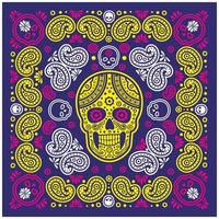 Blue, Yellow, Pink Bandana Pattern with Skull and Paisley vector