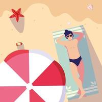 Top down view of man in swimsuit tanning at beach vector