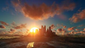 moderne Stadt auf Ozean mit Sonne hinter, Sonnenuntergang video