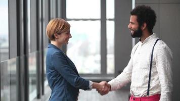 Profile of female creative director and male advertising executive shaking hands video