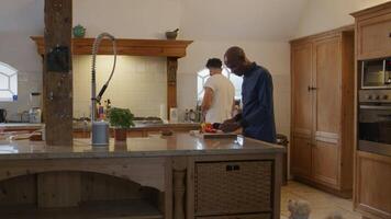 Friends preparing food in kitchen video