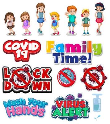 Cartoon family and coronavirus signs set