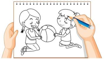 Doodle de dos niñas jugando con una pelota vector