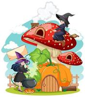 Young witches with mushroom house  vector