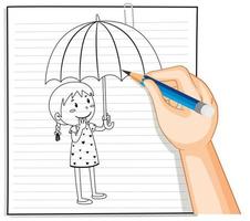 Doodle of a girl holding an umbrella vector