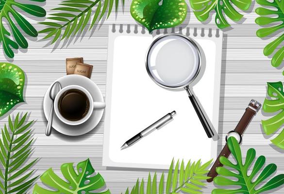 Table top view with coffee and office objects