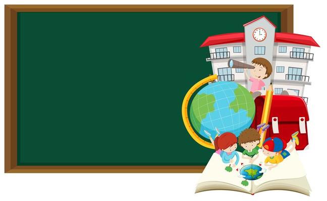 Blackboard frame and children learning at school template 