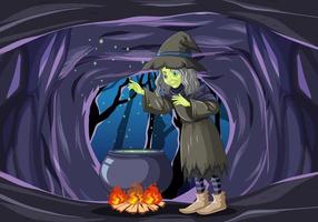 Witch with magic cauldron in a dark cave vector