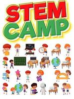 Stem camp lettering, and children studying set