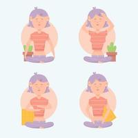 Poses de autocuración con mujer meditando set vector