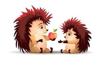 A hedgehog giving an apple to another hedgehog vector