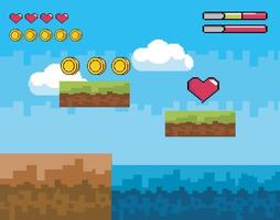 Videogame scene with coins and heart  vector