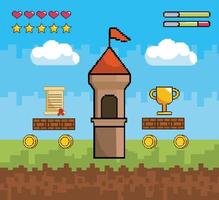 Videogame scene with tower and pixel icons vector