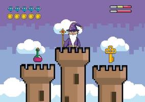 Videogame scene with wizard and towers vector