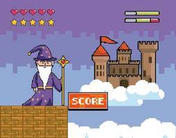 Videogame scene with wizard and castle vector