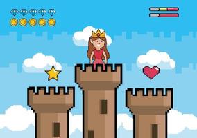 escena de videojuego con princesa en la cima de una torre. vector