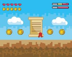 Videogame level completed scene with letter and coins vector