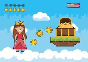 Escena de videojuego con princesa y cofre con oro. vector