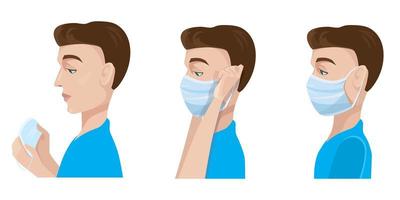 Man putting on medical mask. vector