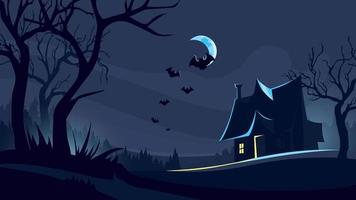 Halloween background with house in dark forest. vector