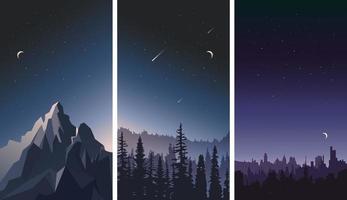 Collection of night sky landscapes. vector