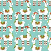 Cute Christmas llama with red hat seamless pattern on blue
