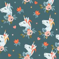 Seamless pattern with flowers and heads of unicorns vector