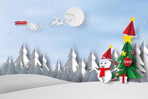 arte de papel feliz navidad con árboles y concepto de muñeco de nieve vector
