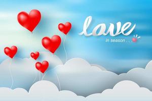 Paper Art Valentine's Day with Balloon Red Heart and Clouds vector