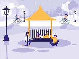 People in park with kiosk isolated icon vector