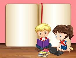 Young kids studying in font of a blank book vector