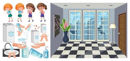 Sick children, hand sanitizing station and room background vector