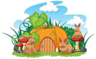 Pumpkin house with three cartoon rabbits vector